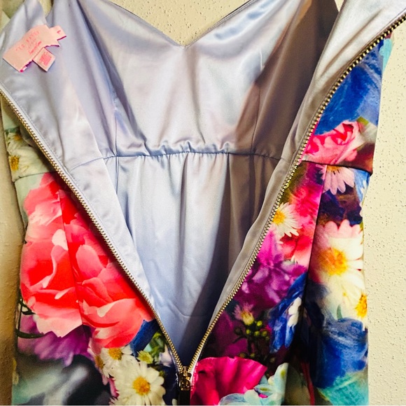 Ted Baker London straps floral print size 1 satin feel zipper back knee length - Picture 5 of 14